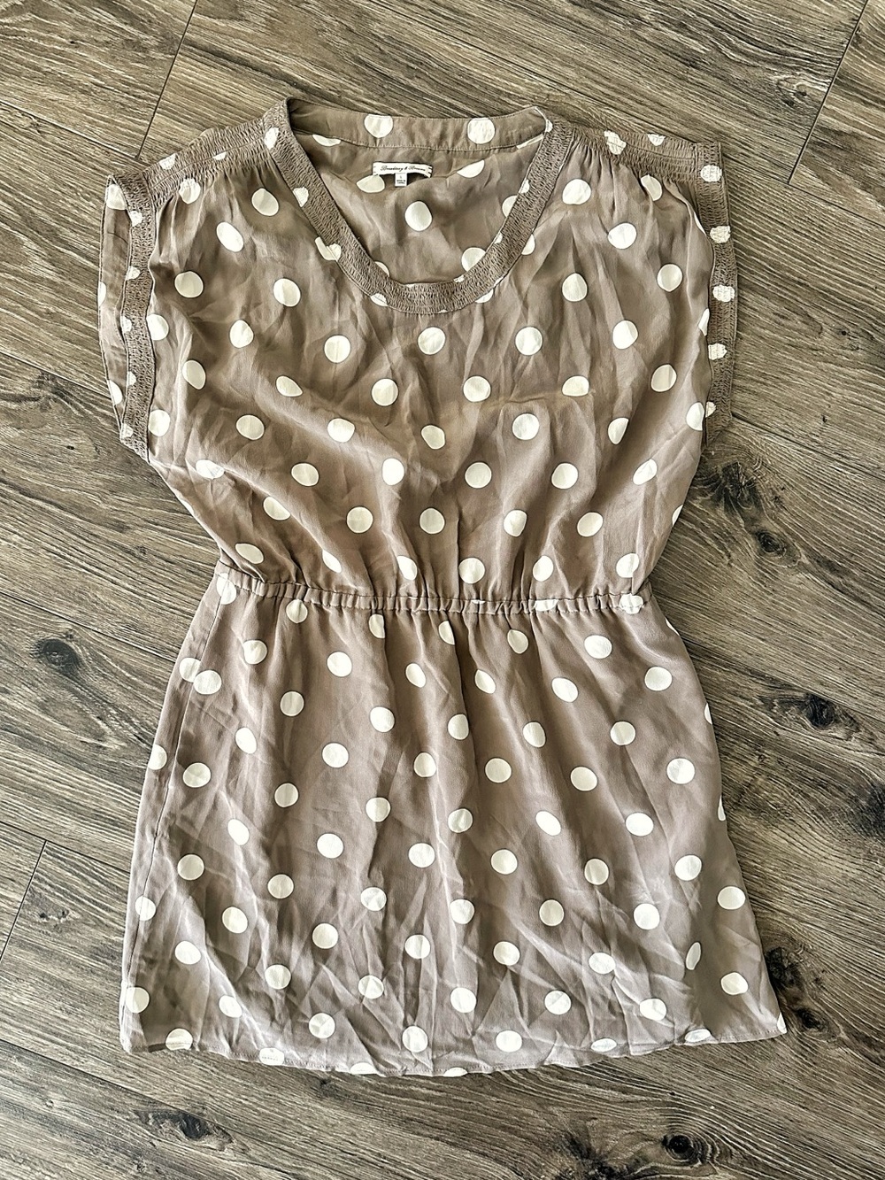 Broadway & Broome Polka Dot Taupe Mini Dress with Elastic Waist